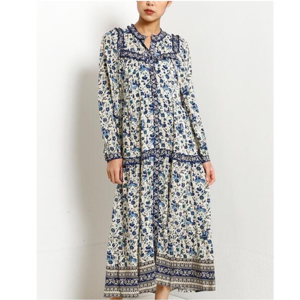 Sea NYC Doe Floral Silk Dress in Blue and Cream SZ 0